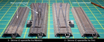 C sporskifter, slanke 12 grader. Märklin til venstre, Trix til højre